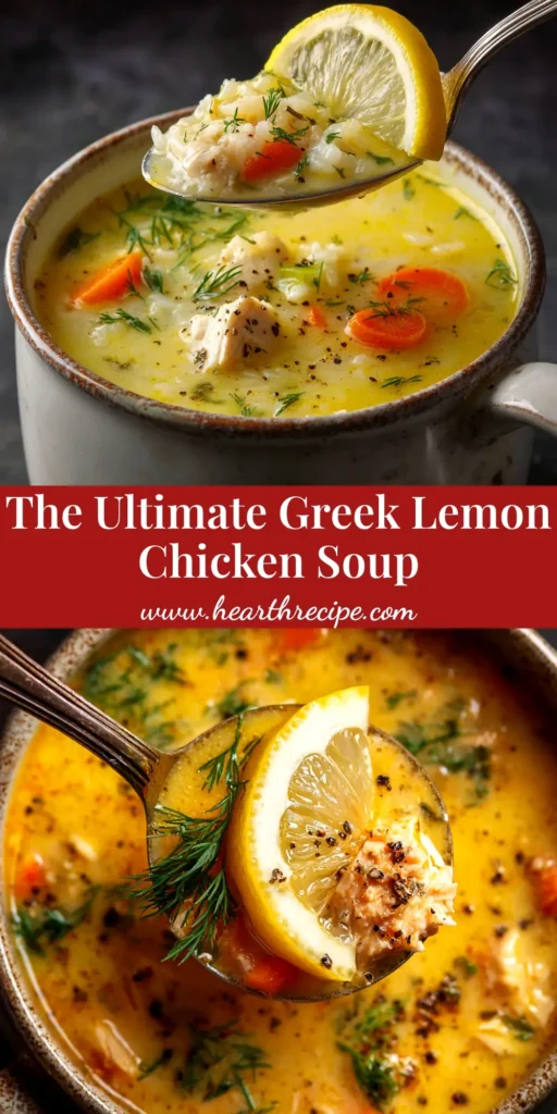 Avgolemono Soup: The Ultimate Greek Lemon Chicken Delight 3 A large white bowl of creamy Avgolemono Soup, garnished with fresh dill and a slice of lemon. The Greek lemon chicken soup is surrounded by fresh ingredients.