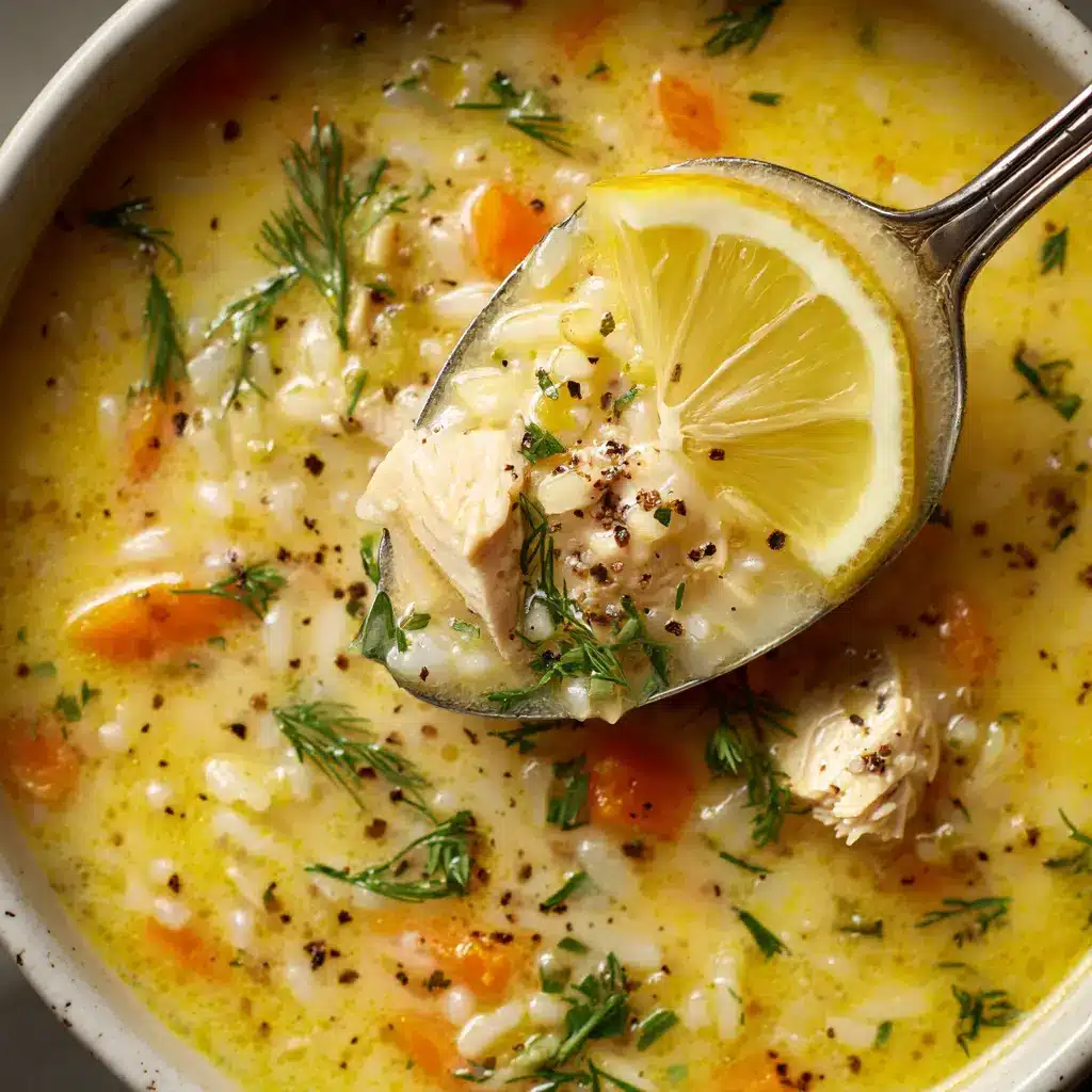 Avgolemono Soup: The Ultimate Greek Lemon Chicken Delight 1 A spoonful of creamy Avgolemono soup being lifted from a bowl, showing the rich texture and pieces of shredded chicken and orzo pasta.