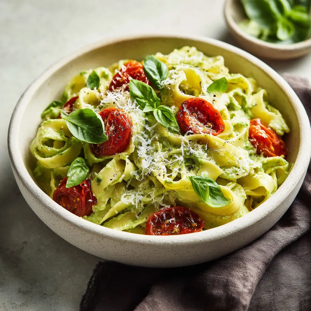 15 Minute Avocado Pasta (Quick & Creamy Recipe) 2 A close-up shot of a fork twirling spaghetti coated in a rich, creamy avocado pasta sauce, highlighting the smooth texture of the dish.
