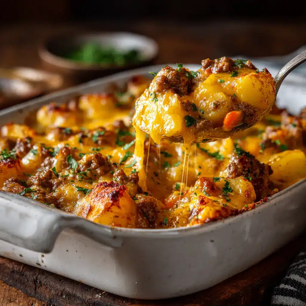 Cheesy Beef and Potato Casserole (The Ultimate Comfort Food) 1 A scoop of the cheesy beef and potato casserole being lifted from the dish, with strings of melted cheese stretching from the serving spoon.