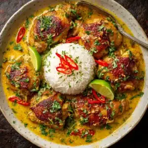 An extreme close-up overhead shot of the creamy coconut chicken stew simmering in a pan. You can see the chunks of tender chicken, bell peppers, and rich sauce.
