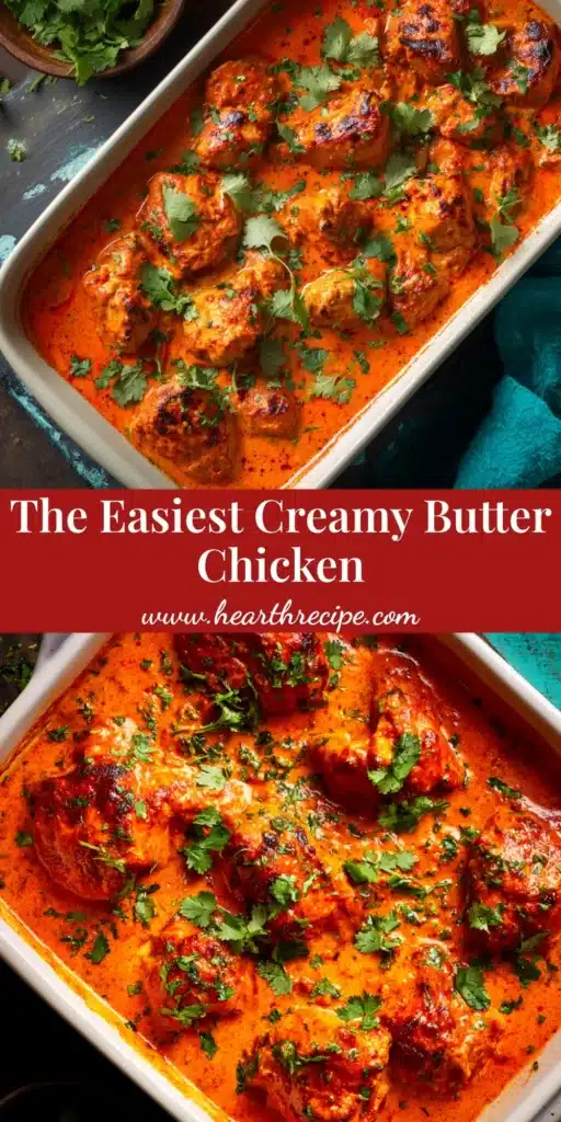 A stunning bowl of Creamy Butter Chicken, garnished with fresh cilantro and a swirl of cream, served with naan bread. The rich, orange-hued curry looks incredibly inviting.