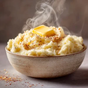 An extreme close-up shot of creamy cheesy mashed potatoes in a rustic white bowl, highlighting the smooth and velvety texture.