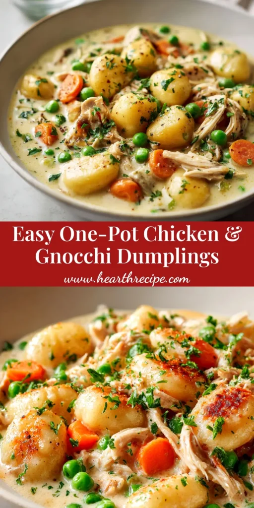 A cozy bowl of creamy Chicken and Gnocchi Dumplings, garnished with fresh parsley. The perfect one-pot comfort meal.