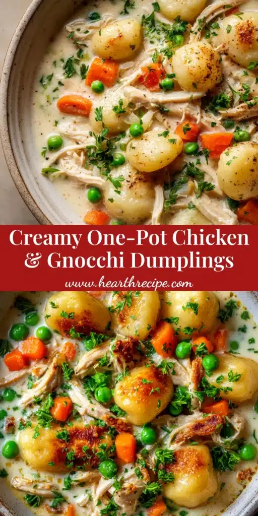 A cozy bowl of creamy chicken and gnocchi dumplings, garnished with fresh parsley. This one-pot recipe is the ultimate comfort food.