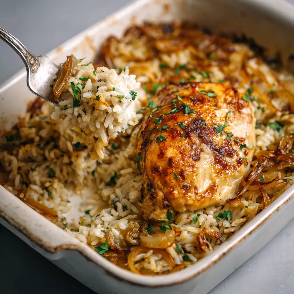 Dump and Bake Chicken and Rice: The Easiest One-Pan Dinner 2 A close-up overhead view of the creamy chicken and rice casserole, showing the fluffy texture of the rice and a piece of tender chicken.