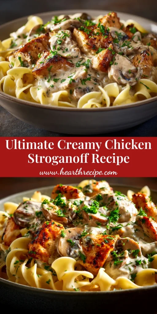 An overhead shot of a white bowl filled with Creamy Chicken Stroganoff served over egg noodles, garnished with fresh parsley.