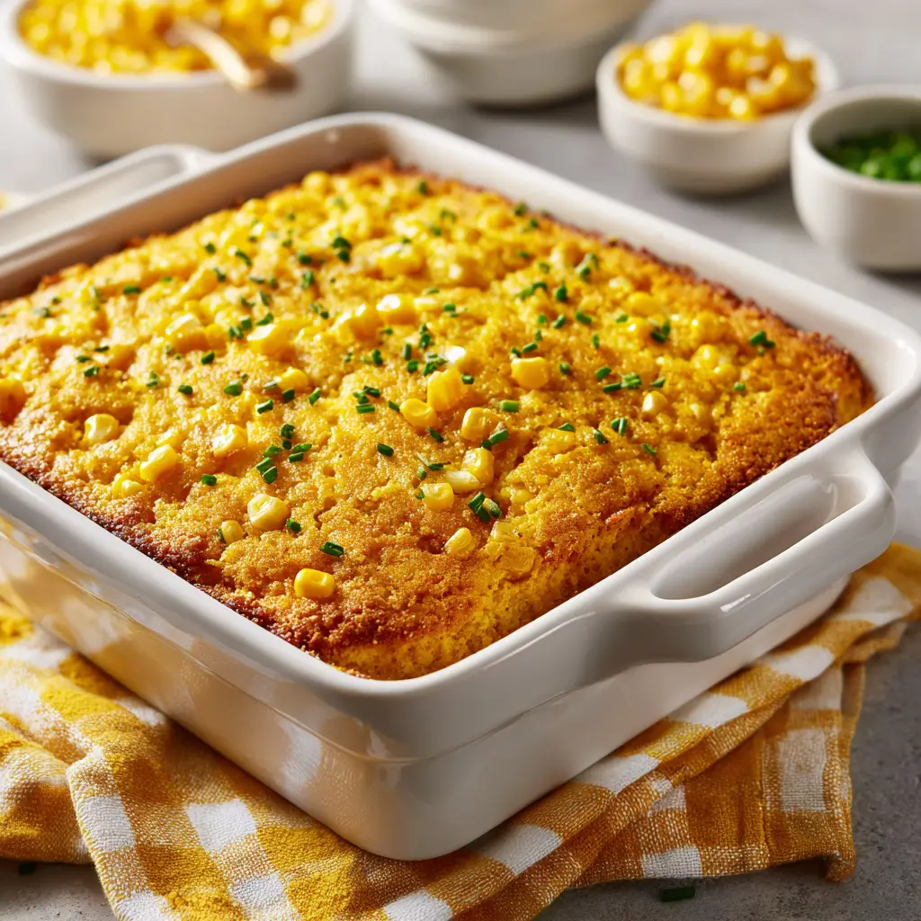 A scoop of creamy corn casserole on a serving spoon, lifted from the baking dish to showcase its moist interior.