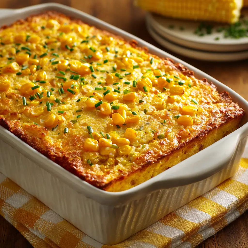 Corn Casserole Recipe (Easy, Cheesy, and Delicious!) 2 A spoonful of creamy corn casserole being lifted from a baking dish, showing its moist and cheesy texture. This showcases the perfect Jiffy corn casserole.