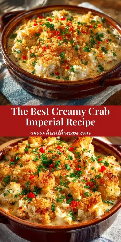 A close-up overhead shot of creamy Crab Imperial baked in a white casserole dish, garnished with fresh parsley. The top is golden brown and bubbly.