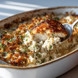 An extreme close-up overhead shot of creamy chicken and rice casserole fresh out of the oven.