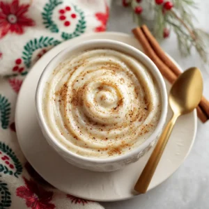 A small white ceramic bowl filled with creamy eggnog jam, with a spoon resting inside, ready to be served.