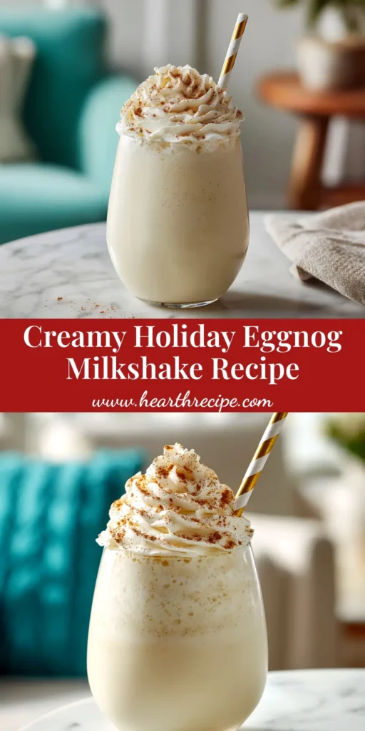 A tall glass of a creamy Eggnog Milkshake, topped with whipped cream and a sprinkle of nutmeg, with holiday decorations in the background.