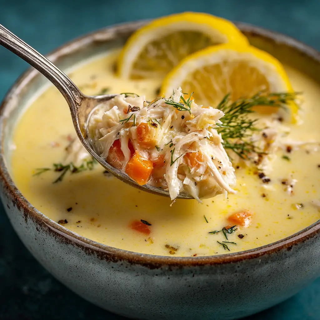An extreme close-up shot of creamy yellow Greek lemon chicken soup, highlighting its silky-smooth texture and a sprig of fresh dill.