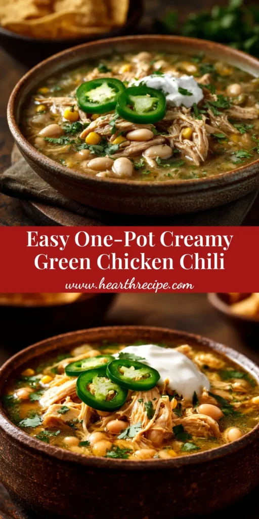 A large white bowl filled with creamy green chicken chili, topped with fresh cilantro, sour cream, and a lime wedge. The perfect easy weeknight recipe.