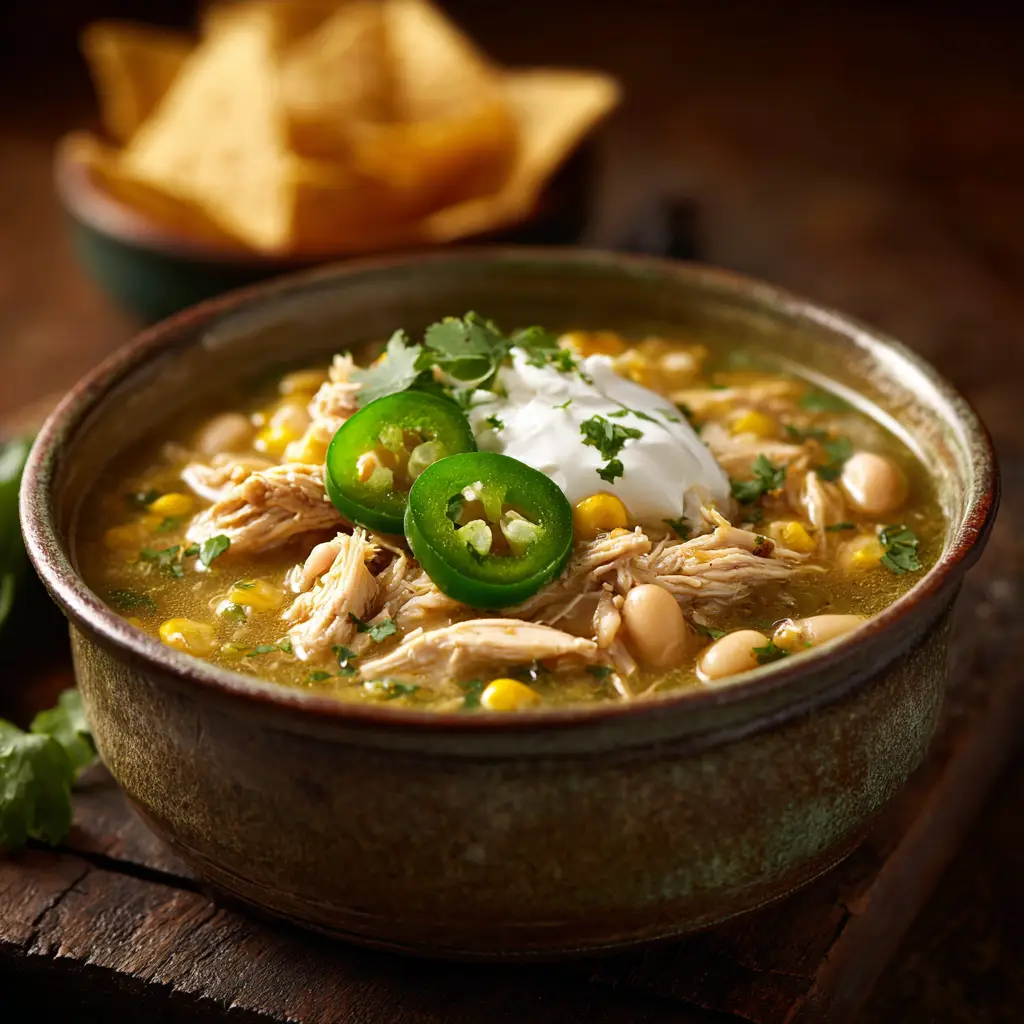 A spoonful of creamy green chile chicken soup being lifted from a bowl, showcasing its rich and velvety texture.