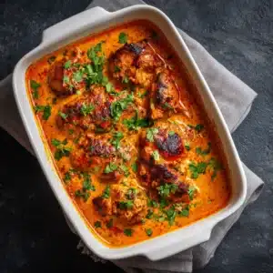 An overhead shot of creamy butter chicken in a black bowl, surrounded by ingredients like tomatoes, spices, and garlic, illustrating a homemade butter chicken recipe.