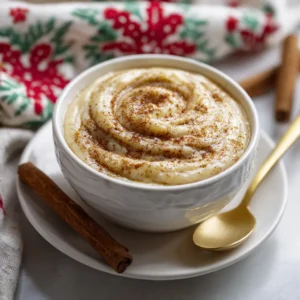 A small white ceramic bowl filled with creamy homemade eggnog jam, with a spoon resting inside. The spiced jam is a pale yellow color.