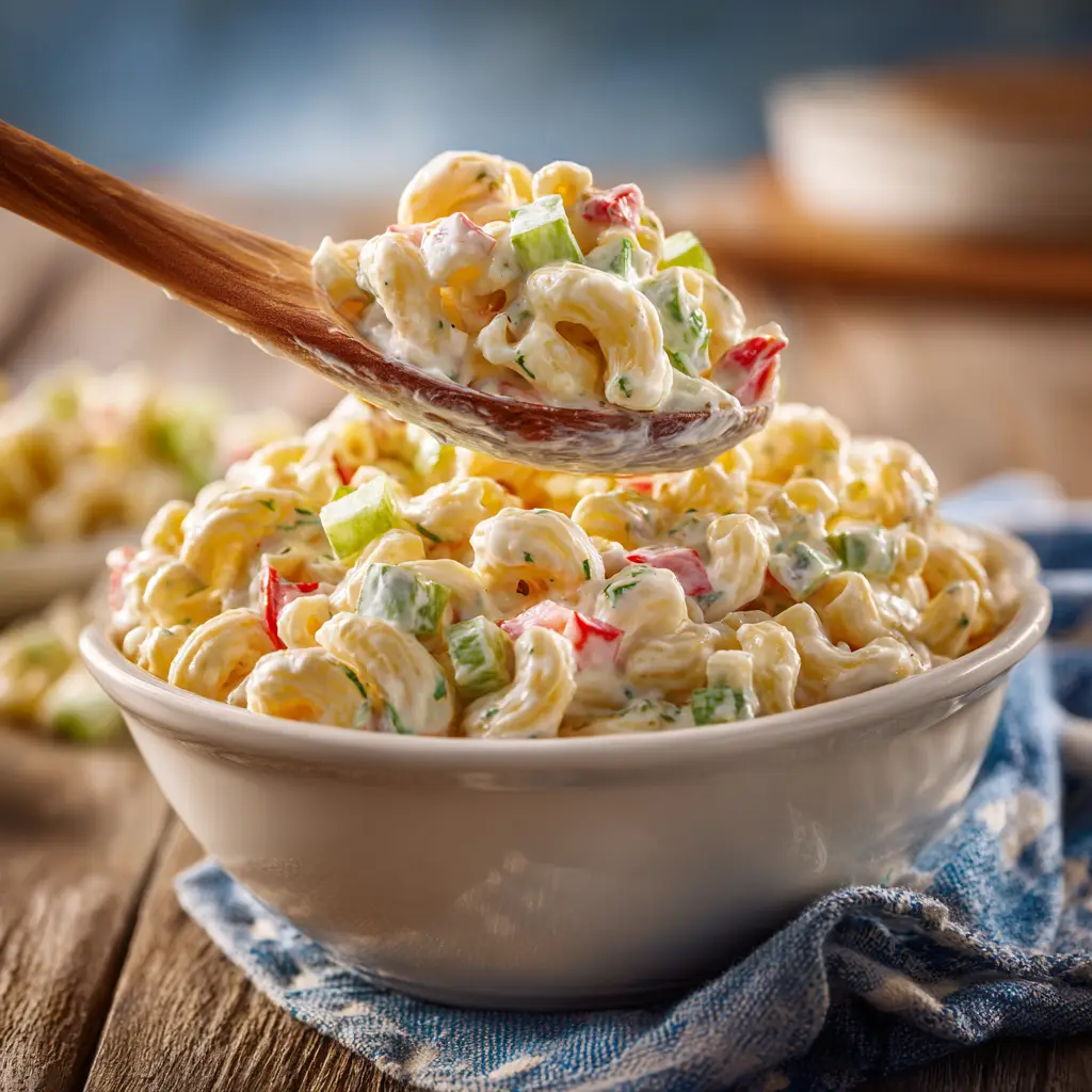 Dolly Parton Macaroni Salad Recipe (A Southern Classic!) 2 A close-up spoonful of Southern-style macaroni salad, showing the creamy dressing, bits of red pepper, and celery.
