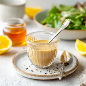 A close-up shot of creamy tahini dressing being drizzled from a spoon into a small white bowl, showing its smooth texture.