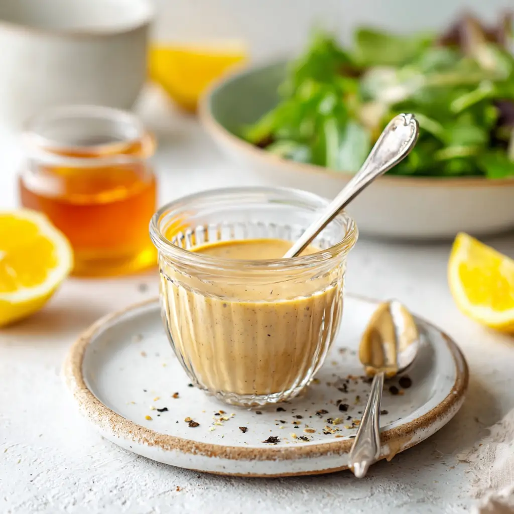 A close-up shot of creamy tahini dressing being drizzled from a spoon into a small white bowl, showing its smooth texture.