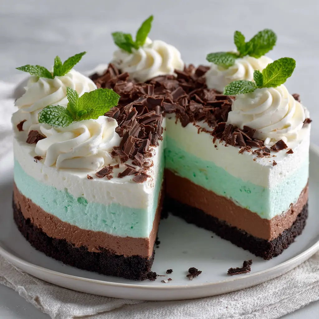 Mint Chocolate Mousse Cake (The Ultimate Rich & Creamy Recipe) 1 A close-up of the creamy mint filling and chocolate ganache on the mousse cake, highlighting the smooth texture.