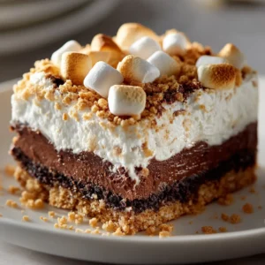 A close-up shot of the rich, creamy chocolate pudding filling for the no-bake dessert being smoothed over the cookie crust.