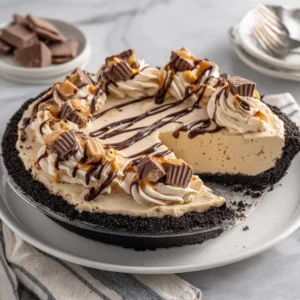 A whole, creamy no bake peanut butter pie with a graham cracker crust, shown in a glass pie dish before being sliced.