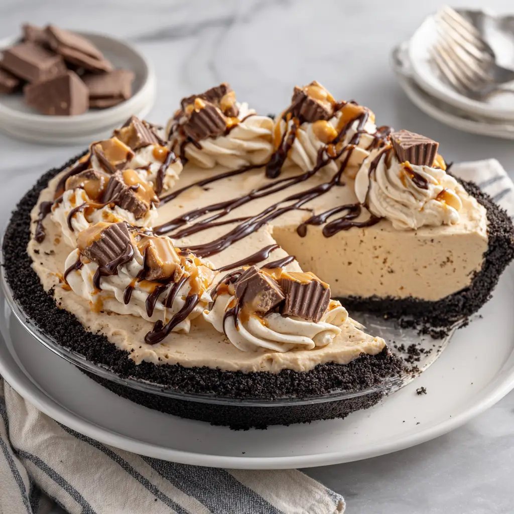 No Bake Peanut Butter Pie (The Easiest, Creamiest Recipe!) 2 A whole, creamy no bake peanut butter pie with a graham cracker crust, shown in a glass pie dish before being sliced.