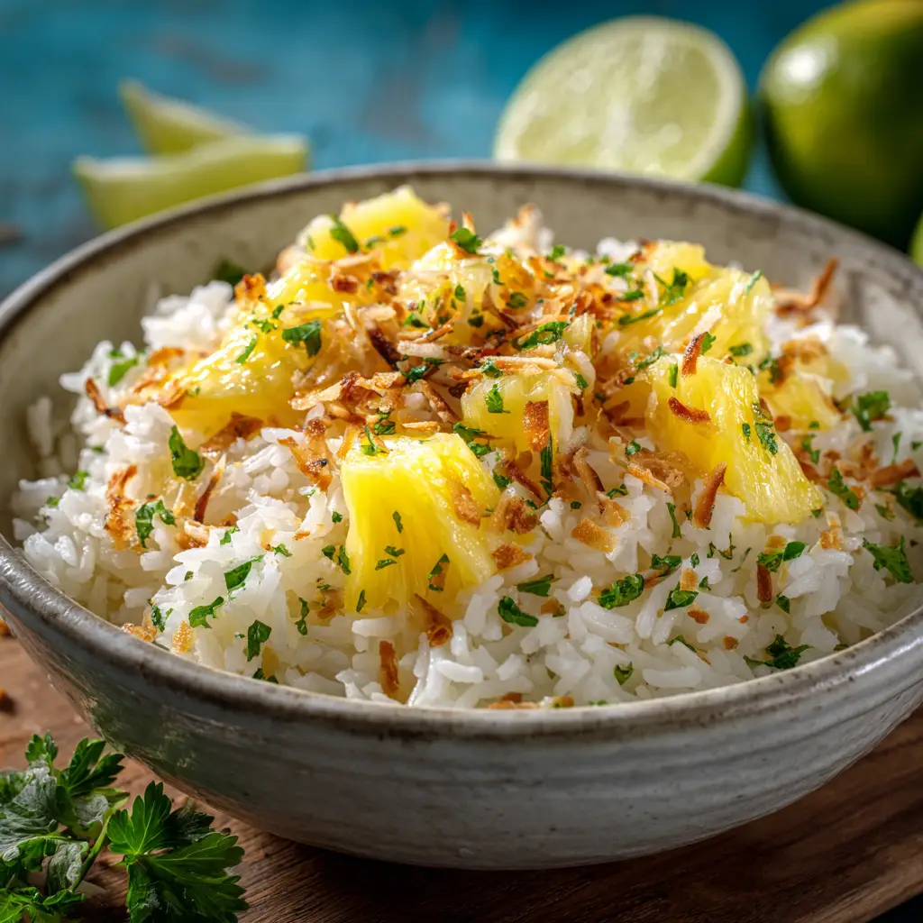 Coconut Pineapple Rice: The Only Tropical Side Dish You Need 2 A close-up shot of a spoonful of fluffy pineapple coconut rice, showing the individual grains coated in a creamy coconut sauce with chunks of pineapple.