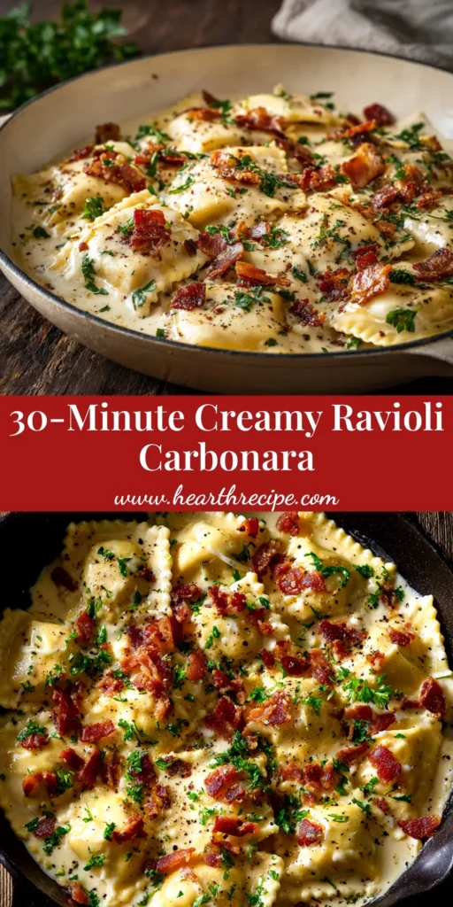 A close-up overhead shot of creamy Ravioli Carbonara in a white bowl, garnished with fresh parsley and black pepper. The perfect easy weeknight dinner recipe.