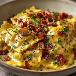 An extreme close-up of a single piece of cheese ravioli coated in a silky, creamy carbonara sauce with bits of crispy pancetta.