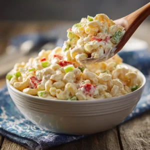 A close-up spoonful of Southern-style macaroni salad, showing the creamy texture and bits of red pepper and celery.