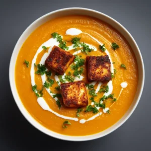 An overhead shot of a bowl of homemade spicy pumpkin soup, showcasing its rich, velvety texture and deep orange color. A spoon is resting in the bowl.