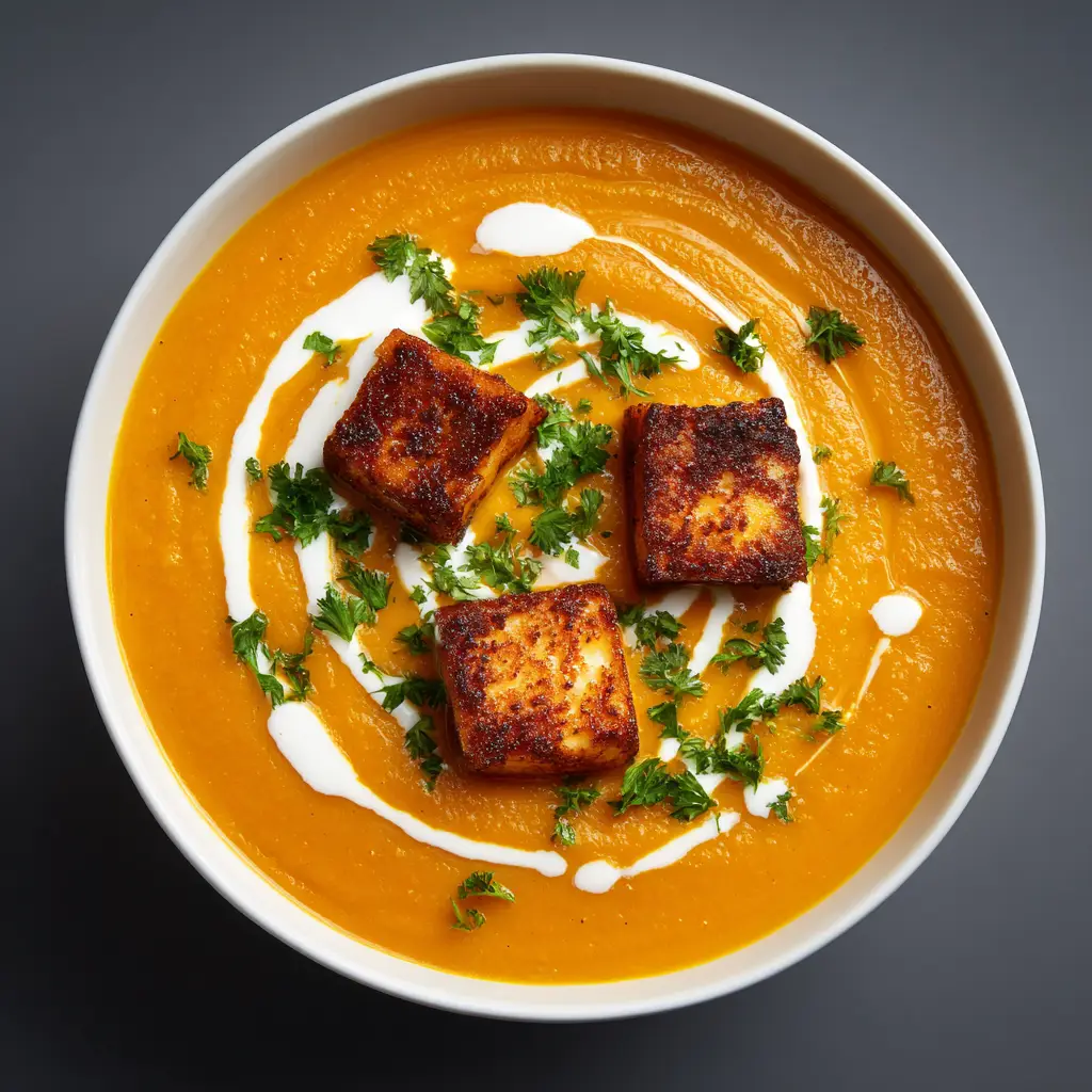 Spicy Pumpkin Soup (The Easiest, Most Flavorful Recipe) 2 An overhead shot of a bowl of homemade spicy pumpkin soup, showcasing its rich, velvety texture and deep orange color. A spoon is resting in the bowl.