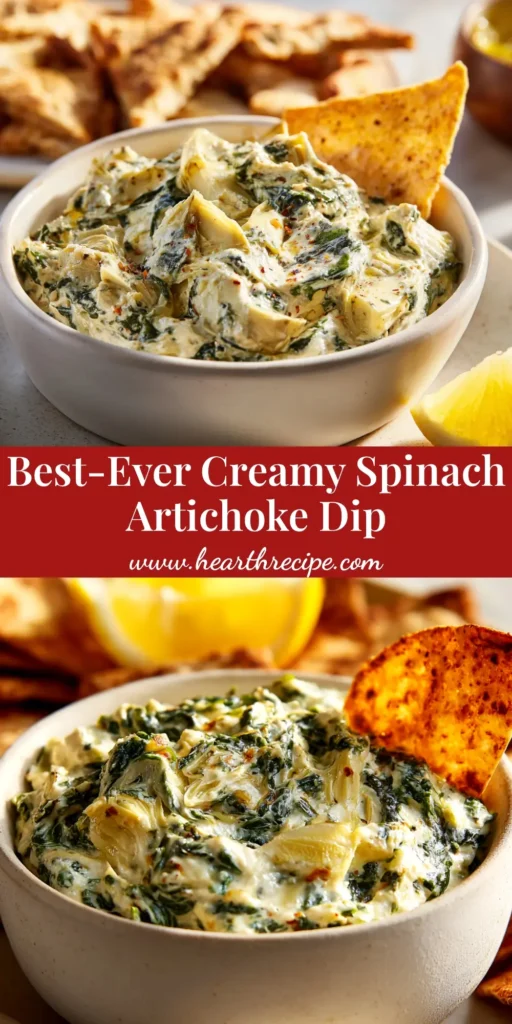 A shareable pin image of the best creamy spinach artichoke dip, baked in a cast-iron skillet with text overlay about the recipe.
