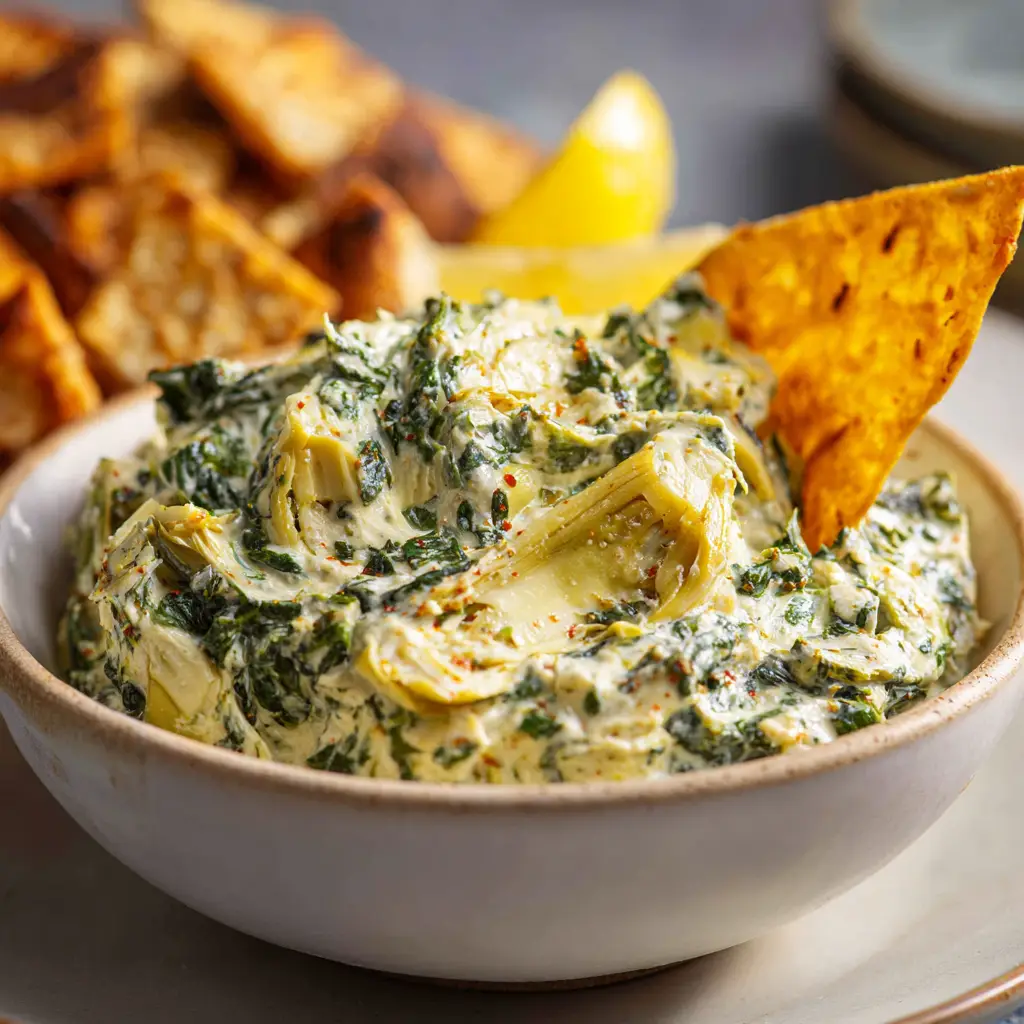 A scoop of creamy spinach dip on a piece of crusty bread, showing the cheesy texture of the appetizer.