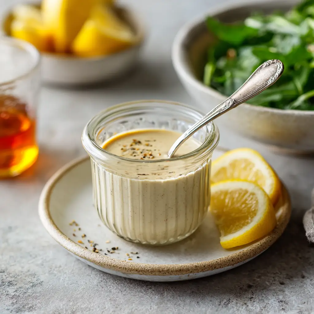 A drizzling shot of creamy tahini dressing being poured over a fresh green salad.