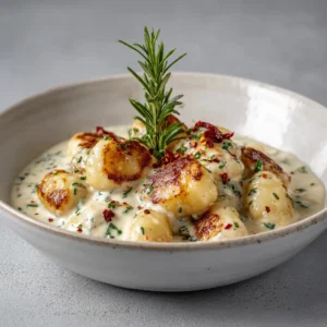 A close-up shot of the rich, creamy three-cheese sauce being stirred in a skillet for the Millionaire Gnocchi recipe.