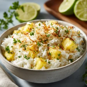 A close-up shot of fluffy tropical rice with pineapple chunks and coconut flakes in a ceramic bowl.