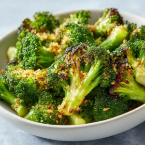 A bright and airy food photograph showing crispy air fryer broccoli florets scattered on a baking sheet next to a bowl of seasonings.