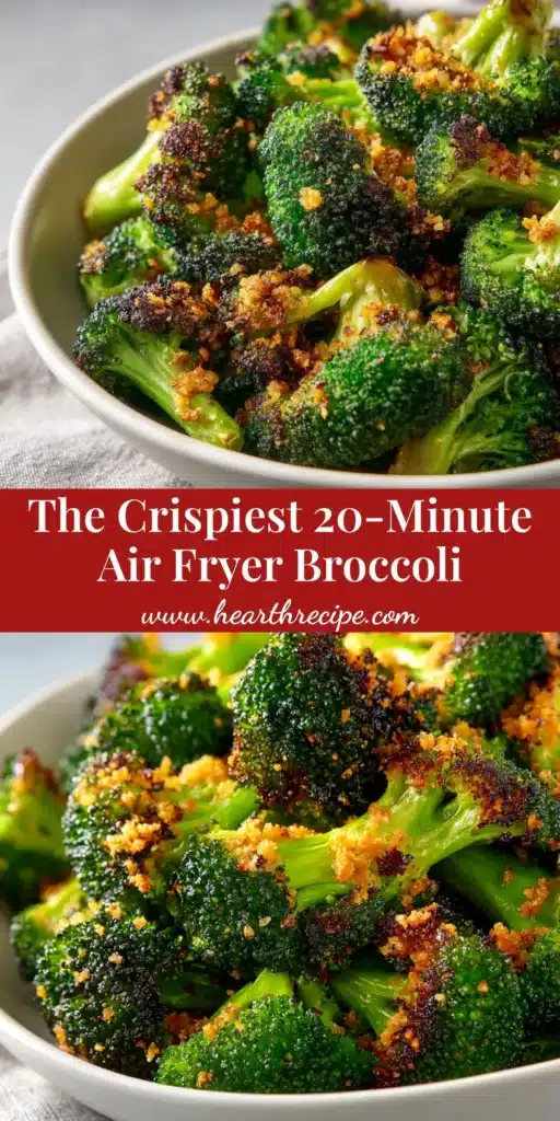 Perfectly crispy Air Fryer Broccoli in a white bowl. The broccoli is seasoned and has slightly charred edges, ready to be served as a healthy side dish.
