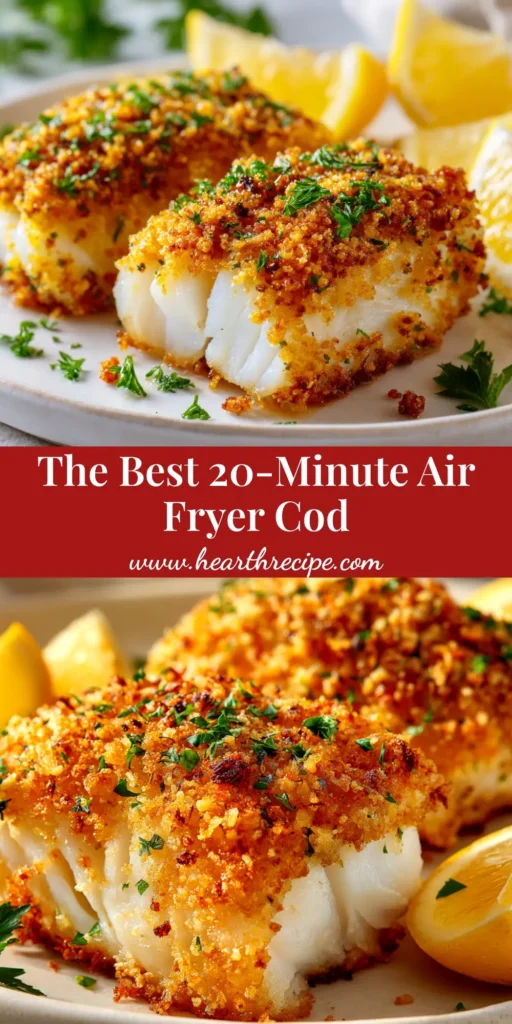 A close up of crispy, golden brown air fryer cod fillets on a plate, garnished with fresh parsley and a lemon wedge, ready to be served.