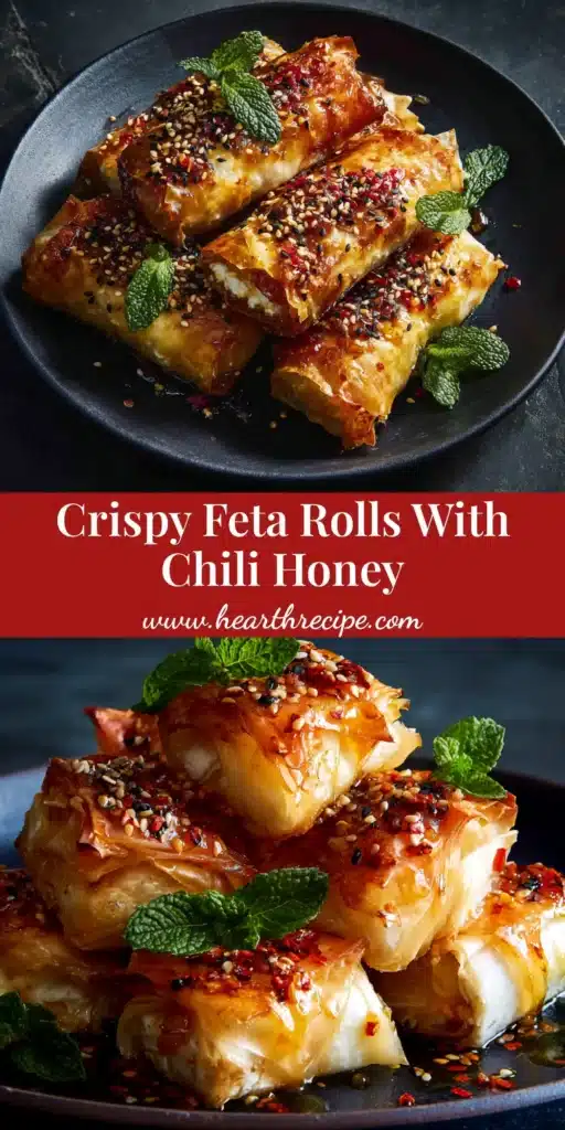 A tall pin image showing crispy, golden-brown Feta Rolls stacked on a plate, with text overlay for a Pinterest recipe pin.