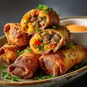A close-up shot of a pile of crispy, golden-brown Voodoo Egg Rolls, with one cut in half to show the savory crawfish and sausage filling.