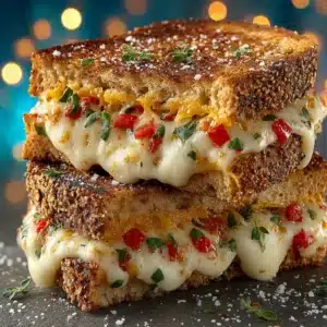 A gourmet grilled cheese sandwich cut diagonally, showcasing the crispy, toasted bread and melted cheese inside. A classic comfort food meal.