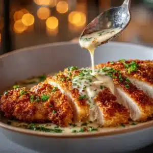 An extreme close-up of a golden brown Parmesan crusted chicken cutlet, highlighting the crispy texture of the breadcrumb and cheese coating.