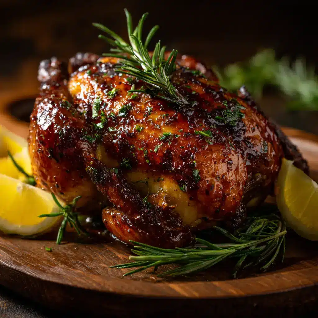 A close-up of the crispy skin on a roasted Cornish hen, seasoned with fresh herbs and garlic.