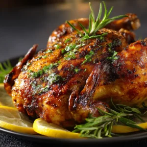 A close-up of a perfectly cooked Cornish hen, fresh out of the oven in a cast-iron skillet. The skin is golden and crispy, showcasing the delicious result of this cornish game hen recipe.