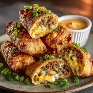 A stack of freshly fried, golden-brown Voodoo Egg Rolls on a rustic plate, showcasing their perfectly crispy texture.